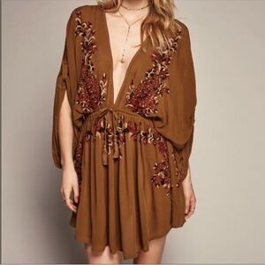 Free People Brown Mini Dress with Red Embroidery